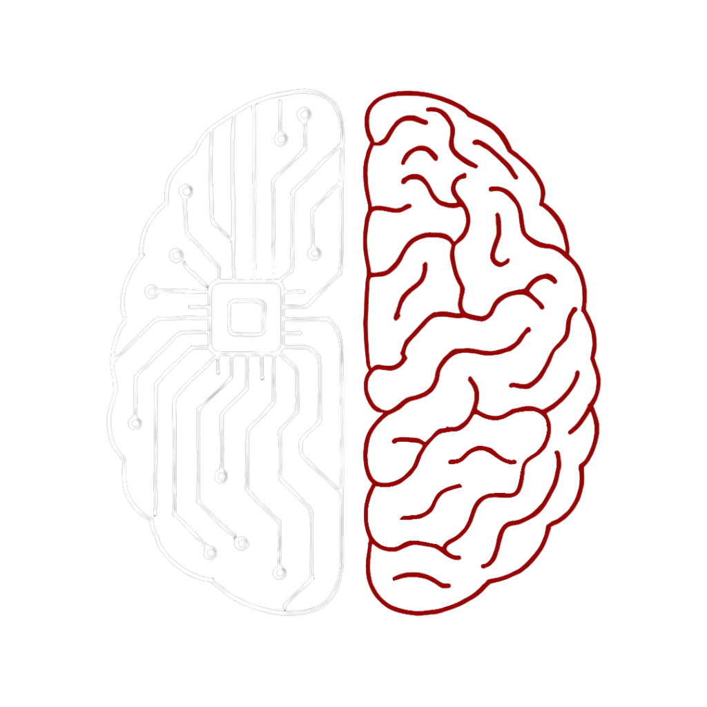 Ilustración conceptual de un cerebro híbrido, mitad humano biológico y mitad inteligencia artificial sintética, simbolizando la sinergia ética y la colaboración futura entre el talento de las personas y la tecnología en el entorno empresarial.